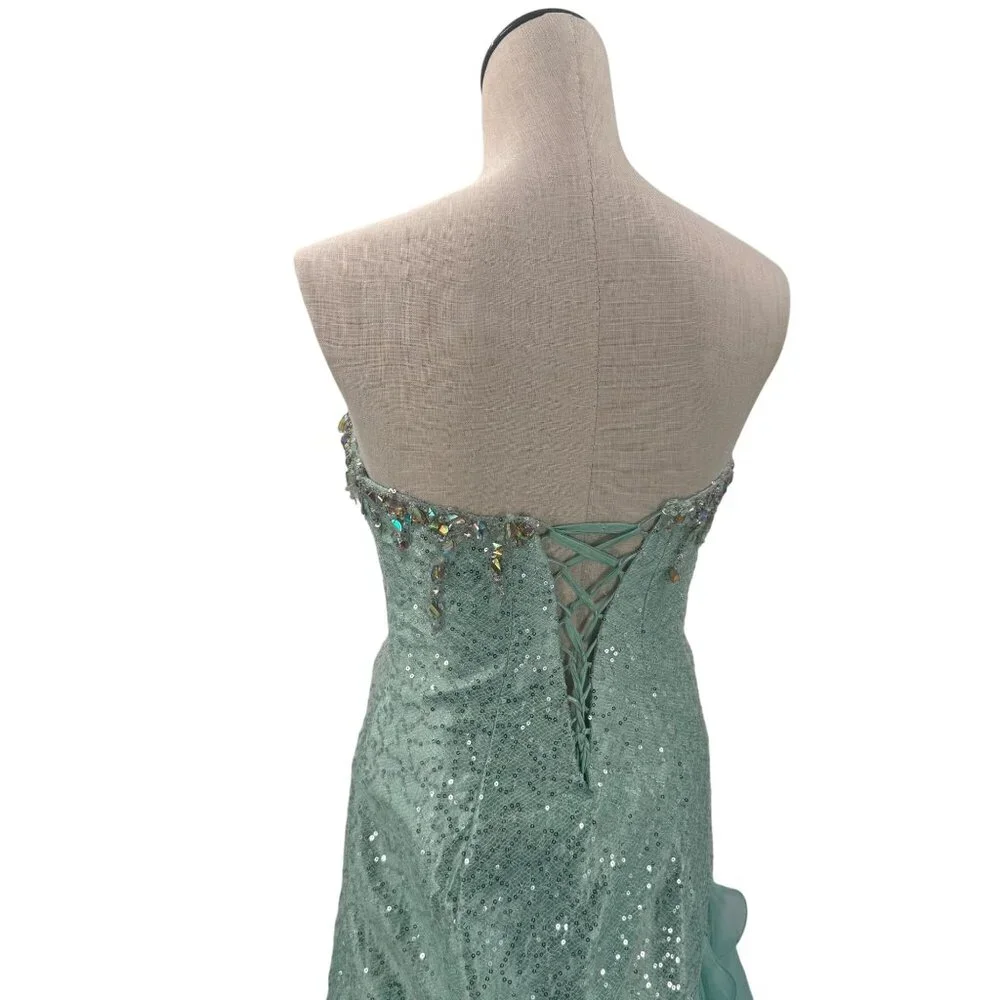 MacDuggal Sea Foam Jeweled Striped Strapless Corset Ruffled Gown - Picture 5 of 8